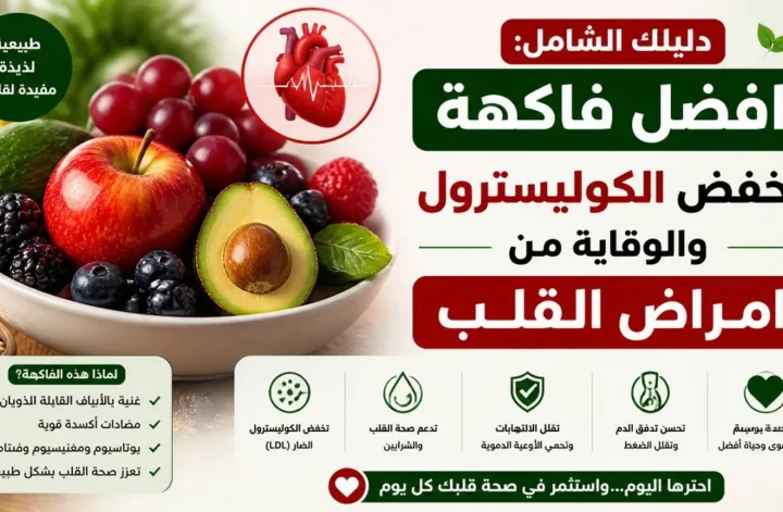 طبق يحتوي على فواكه طازجة مثل الأفوكادو والتفاح والعنب لخفض الكوليسترول والوقاية من أمراض القلب