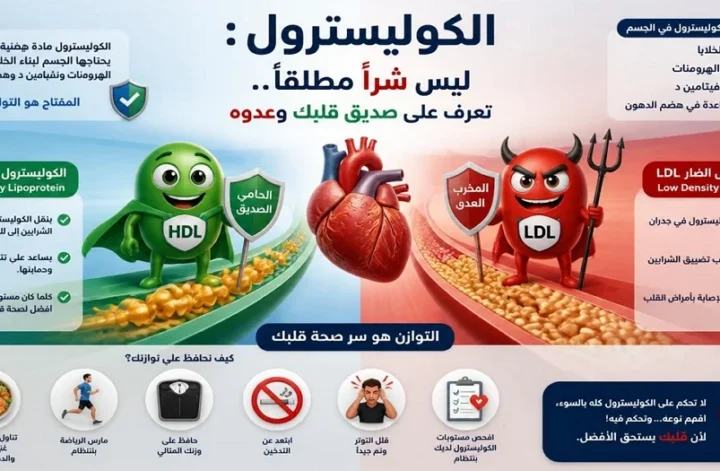 إنفوجرافيك يوضح الفرق بين الكوليسترول النافع HDL والكوليسترول الضار LDL ووظائف الكوليسترول في الجسم