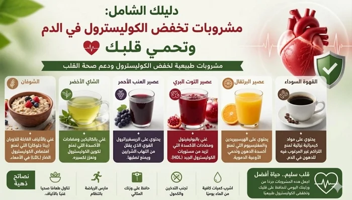 إنفوجرافيك يوضح أفضل مشروبات طبيعية تخفض الكوليسترول في الدم وتحمي القلب