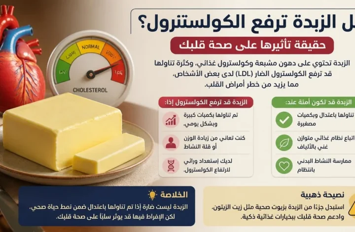 إنفوجرافيك توضيحي يجيب عن سؤال هل الزبدة ترفع الكولسترول وتأثيرها على صحة القلب