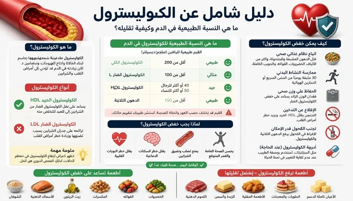 دليل شامل وانفوجرافيك يوضح نسبة الكوليسترول الطبيعية في الدم وأعراضه وكيفية تقليله بالأطعمة
