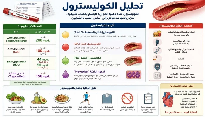إنفوجرافيك يوضح دليل تحليل الكوليسترول، يشمل أنواع الكوليسترول (الكلي، الضار LDL، النافع HDL، الدهون الثلاثية)، المعدلات الطبيعية، أسباب الارتفاع، ومخاطره وطرق الوقاية والعلاج.