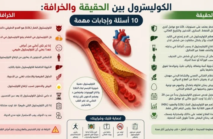 إنفوجرافيك طبي يوضح الحقيقة والخرافة حول الكوليسترول و10 أسئلة وإجابات مهمة لحماية القلب والشرايين.