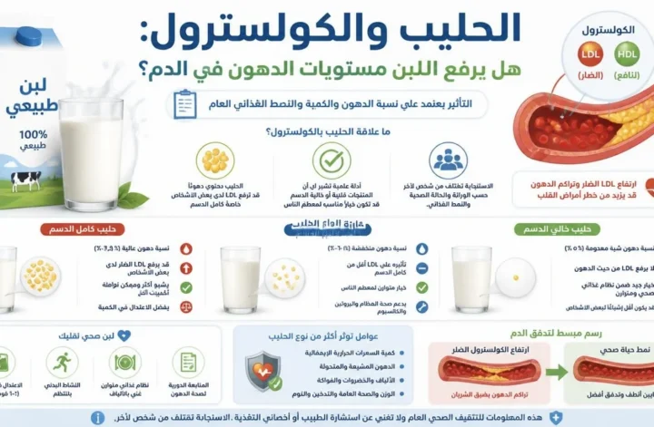 إنفوجرافيك يوضح العلاقة بين الحليب والكولسترول وتأثير اللبن كامل وقليل وخالي الدسم على الدهون في الدم.