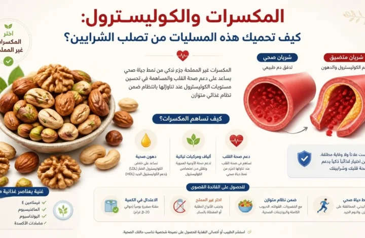 إنفوجرافيك يوضح العلاقة بين المكسرات والكوليسترول وتأثيرها على تصلب الشرايين