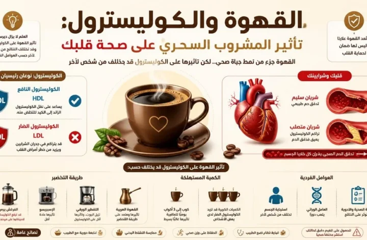 إنفوجرافيك يوضح العلاقة بين القهوة والكوليسترول وتأثير المشروب على صحة القلب والشرايين، مع شرح الفرق بين الكوليسترول النافع والضار وطرق التحضير الآمنة مثل التقطير الورقي.