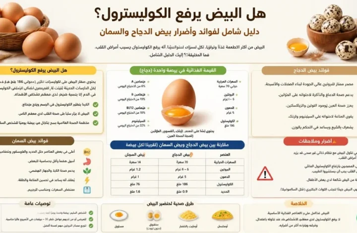 انفوجرافيك شامل يجيب عن سؤال هل البيض يرفع الكوليسترول ويوضح القيمة الغذائية ومقارنة بين بيض الدجاج وبيض السمان.
