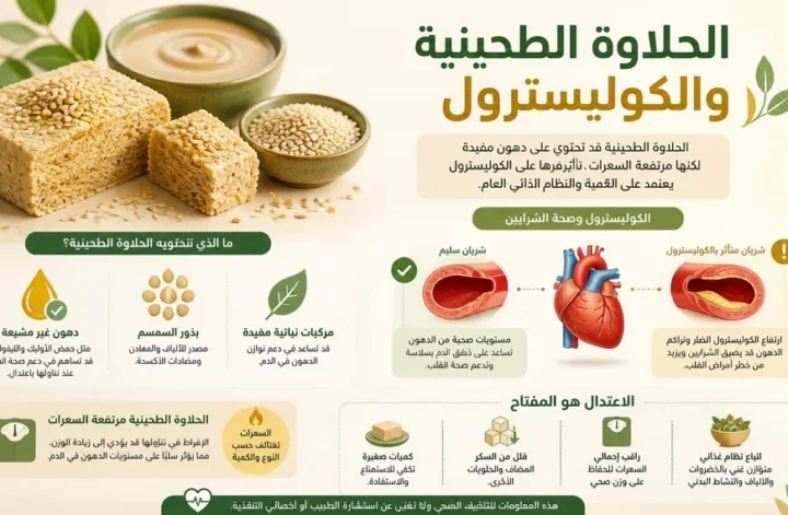 مخطط إنفوغرافيك يوضح تأثير الحلاوة الطحينية والكوليسترول وصحة الشرايين