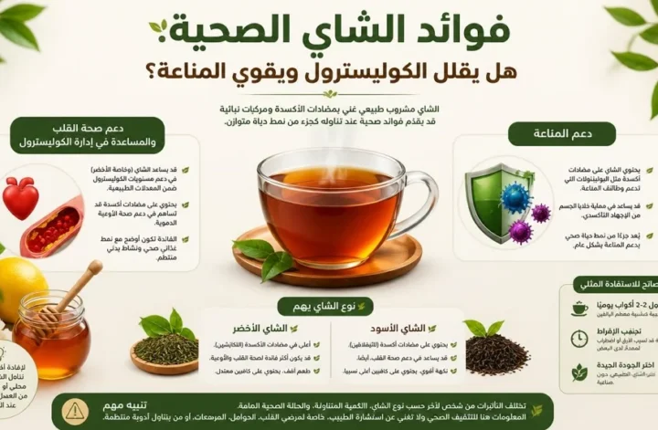 إنفوجرافيك يوضح فوائد الشاي الصحية في تقليل الكوليسترول ودعم صحة القلب وتقوية المناعة والفرق بين الشاي الأسود والأخضر.