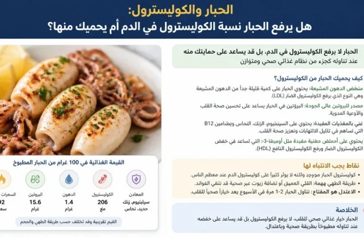 الحبار والكوليسترول والقيمة الغذائية للحبار المطبوخ