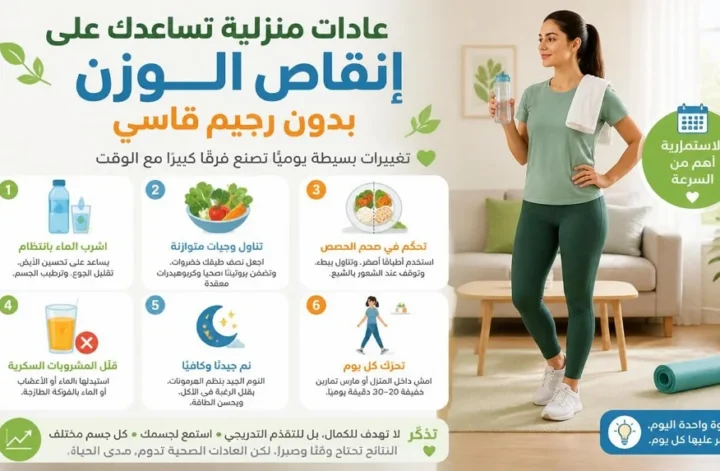 عادات يومية صغيرة تساعدك في إنقاص وزنك مكتوبة داخل إنفوجرافيك توضيحي