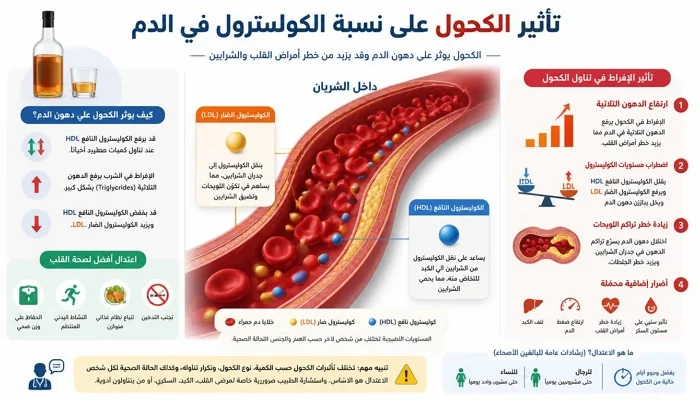 تأثير الكحول على نسبة الكوليسترول في الدم والدهون الثلاثية وصحة الشرايين