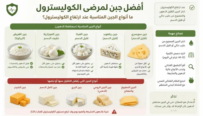 أفضل أنواع الجبن لمرضى الكوليسترول والجبن قليل الدسم والأنواع التي يُفضل الحد منها
