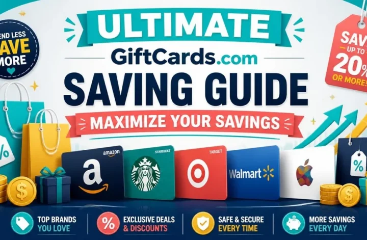 Ultimate GiftCards.com saving guide banner with retail gift cards and a 20 percent discount badge