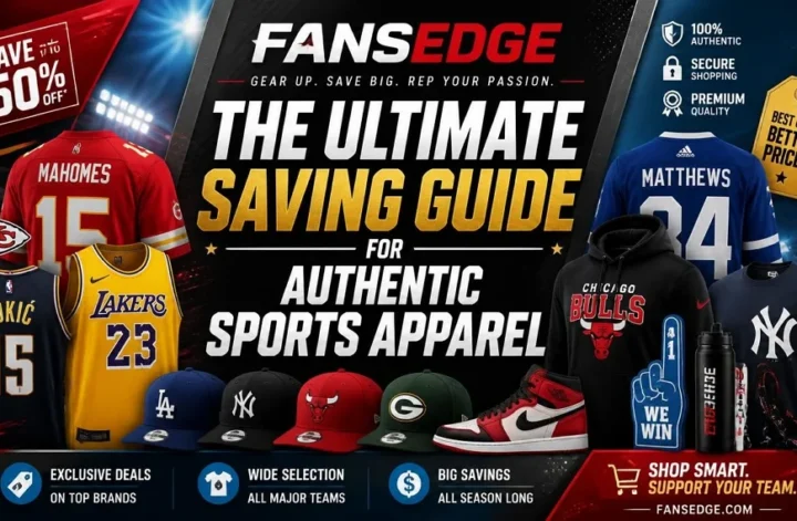 FansEdge ultimate saving guide for authentic sports apparel featuring jerseys hats and coupon discount banner