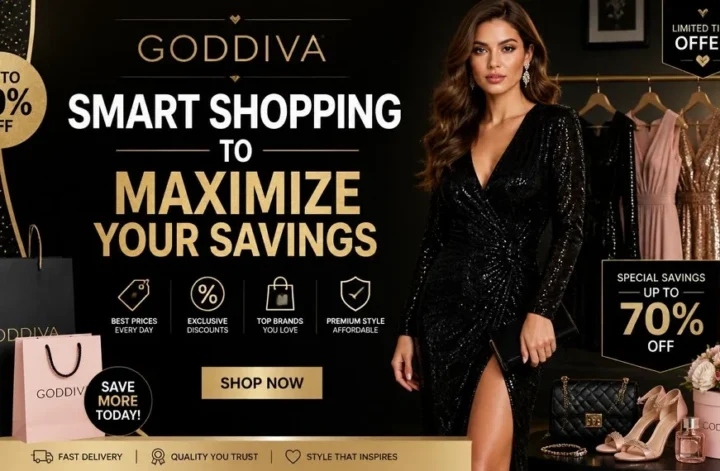 Goddiva promotion banner showcasing up to 70 percent off on luxury black sequin evening dresses with smart shopping discount tips.