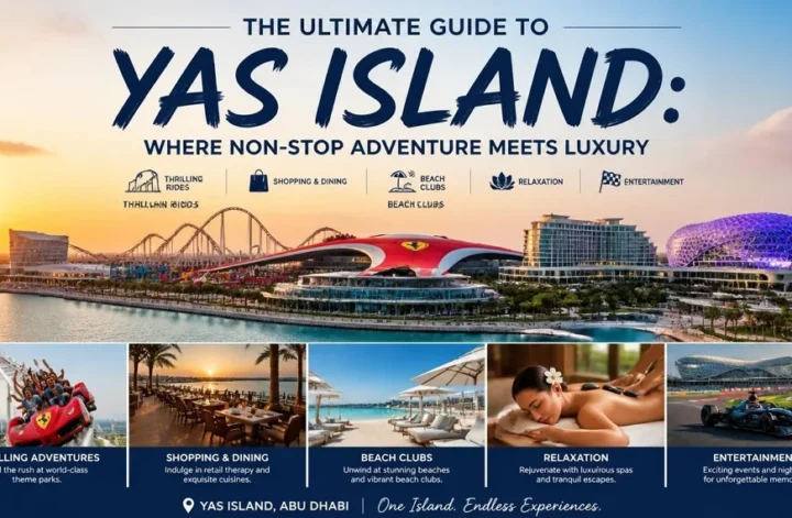 Comprehensive experiences collage of Yas Island Abu Dhabi showing Ferrari World rollercoaster luxury beach clubs dining and relaxation spas